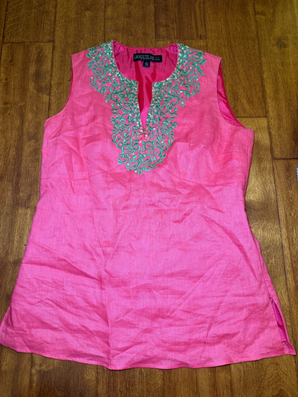 Lafayette 148 New York Hot Pink Sleeveless Tunic with Green Embroidery